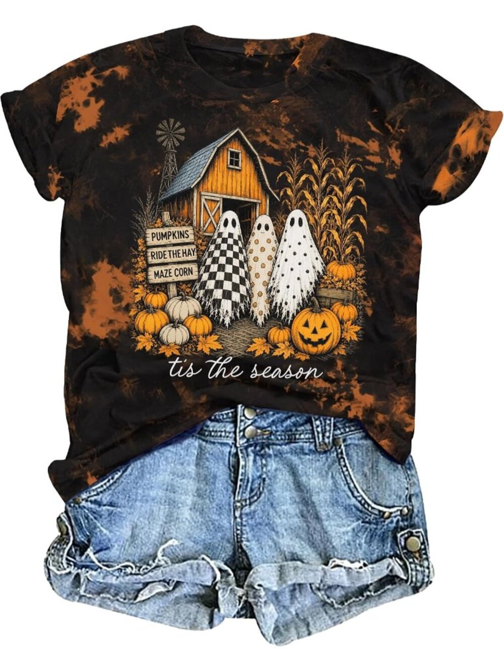 🆕 Womens Ghost Pumpkin Bleach Tie Dye Halloween Short Sleeve Casual Tee